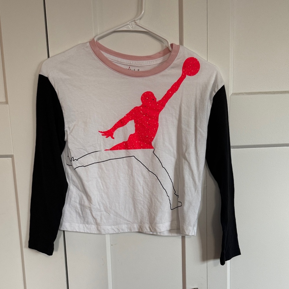 Jordan Kids White and Black Long Sleeve Tee with Red Graphic